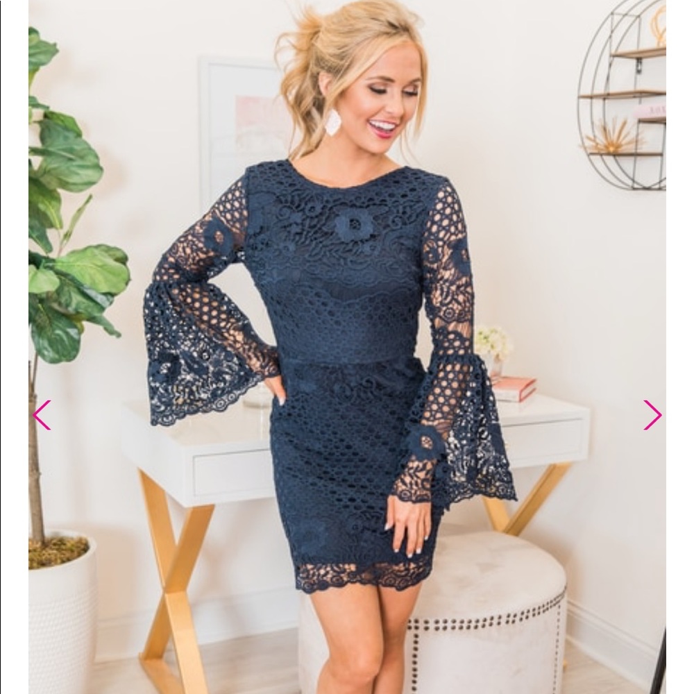 Pink Lily navy blue lace dress with lace sleeves